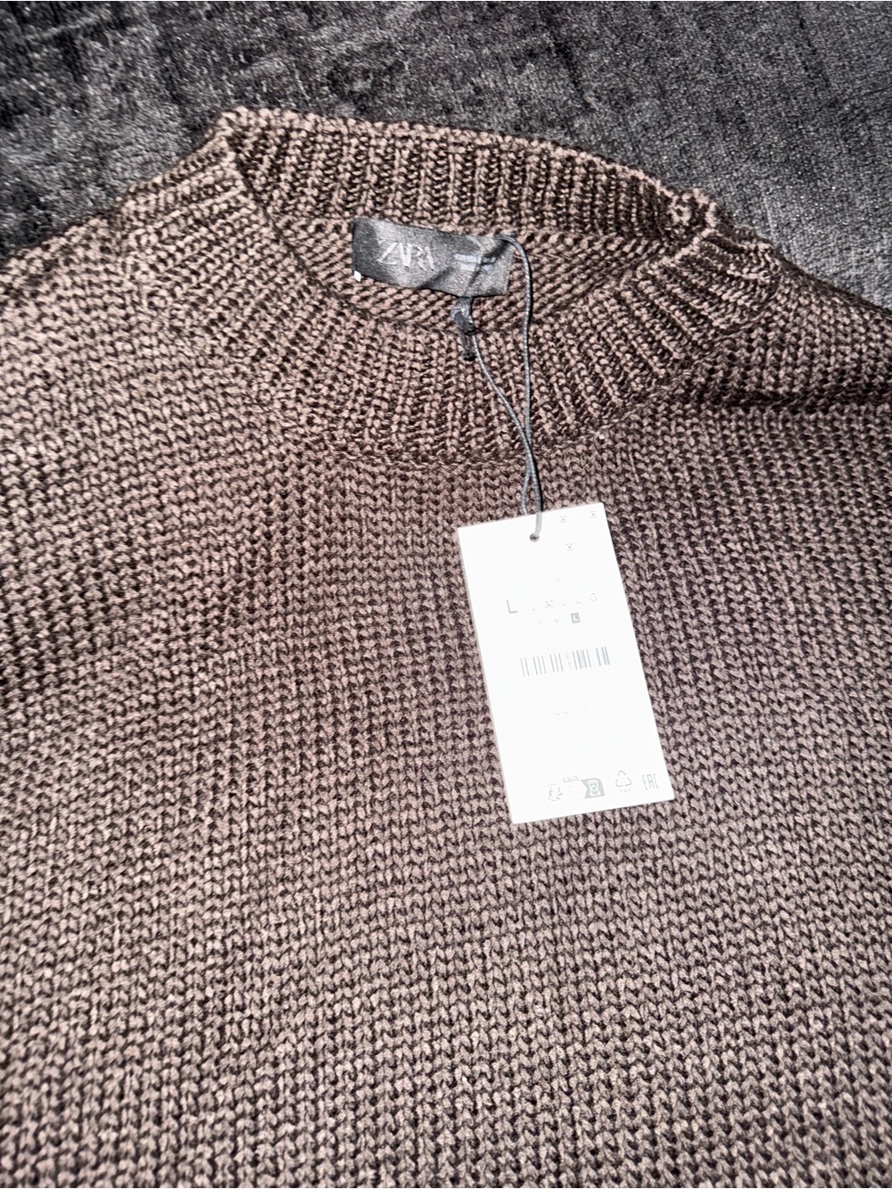 ZARA Men's Dark Brown Chunky Knit Crewneck Sweater